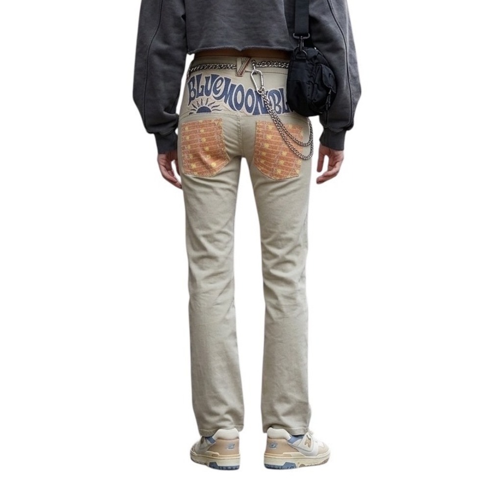 Blue Moon Blue RARE Find Japanese Stone Khaki Graphic Back Low Rise Pants  27